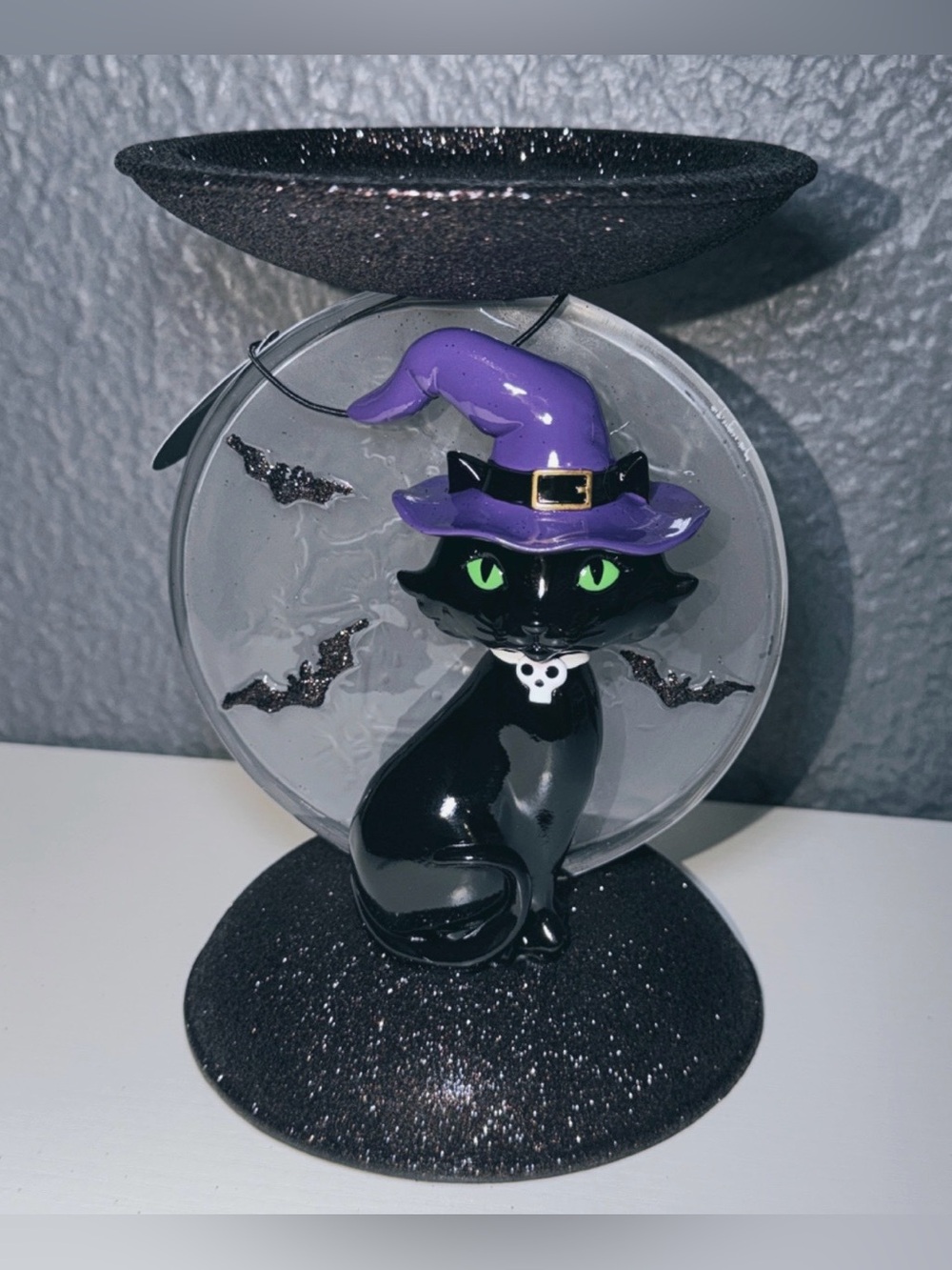Bbw Black Cat Halloween Ornament with Purple Witch Hat candle holder